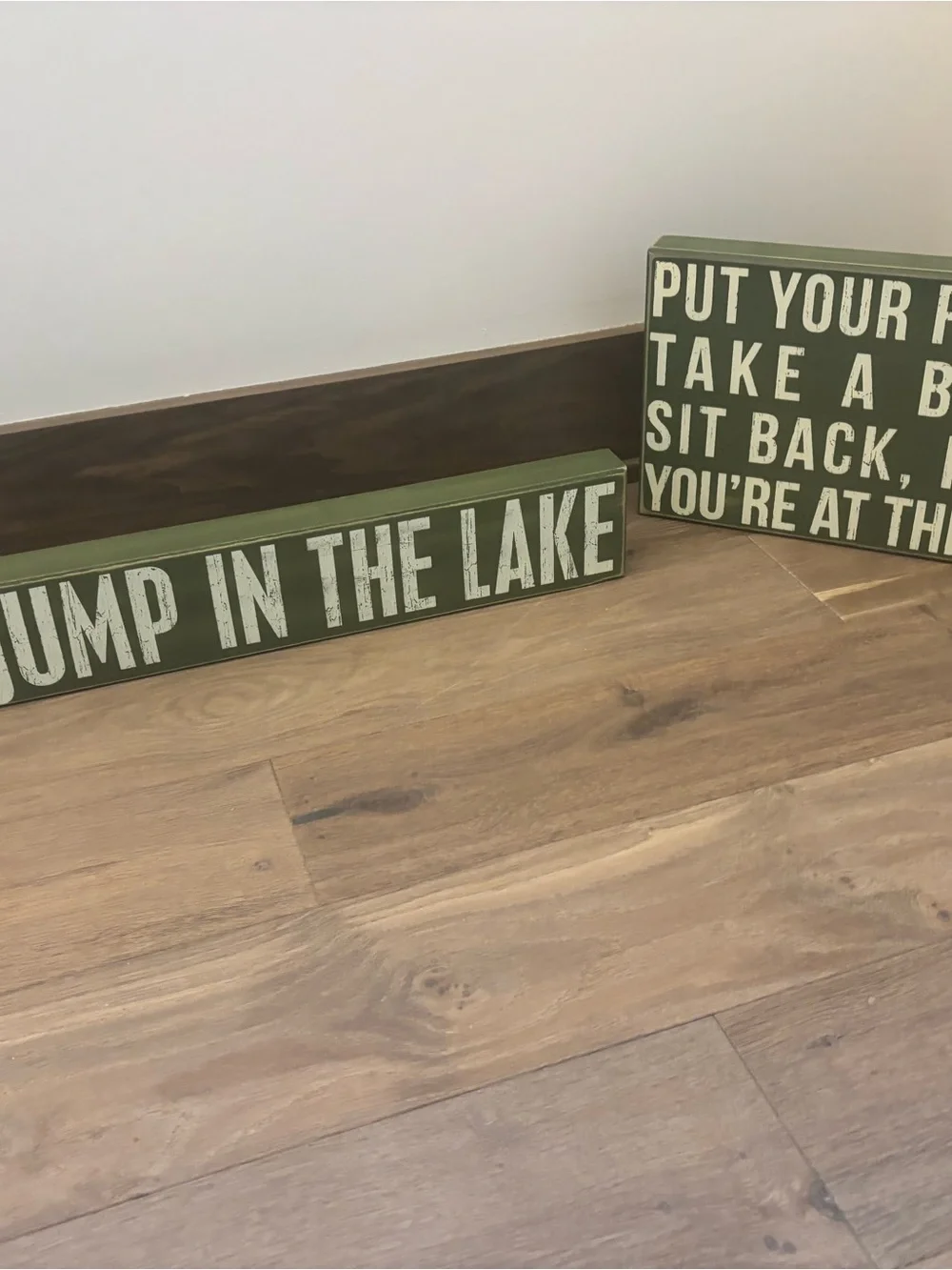 Olive Green 'Go Jump in the Lake' and “Relax You’re at the Lake”Rustic Wood Sign